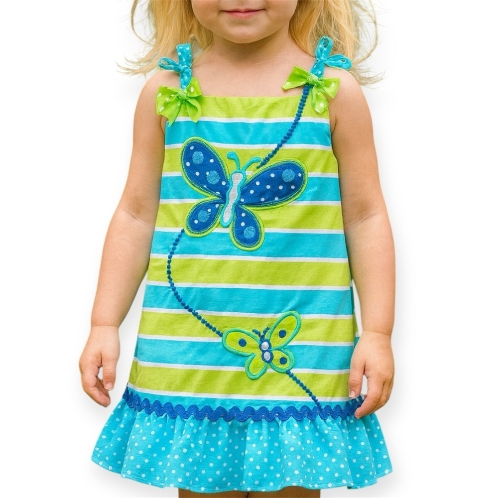 Youngland Girl Green & Blue Striped with PolkaDot Ruffles Butterfly Dress (1072)